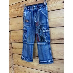 Kids Vintage Distressed Cargo Jeans Designer Graphic Print Elastic Waist 10"x27"